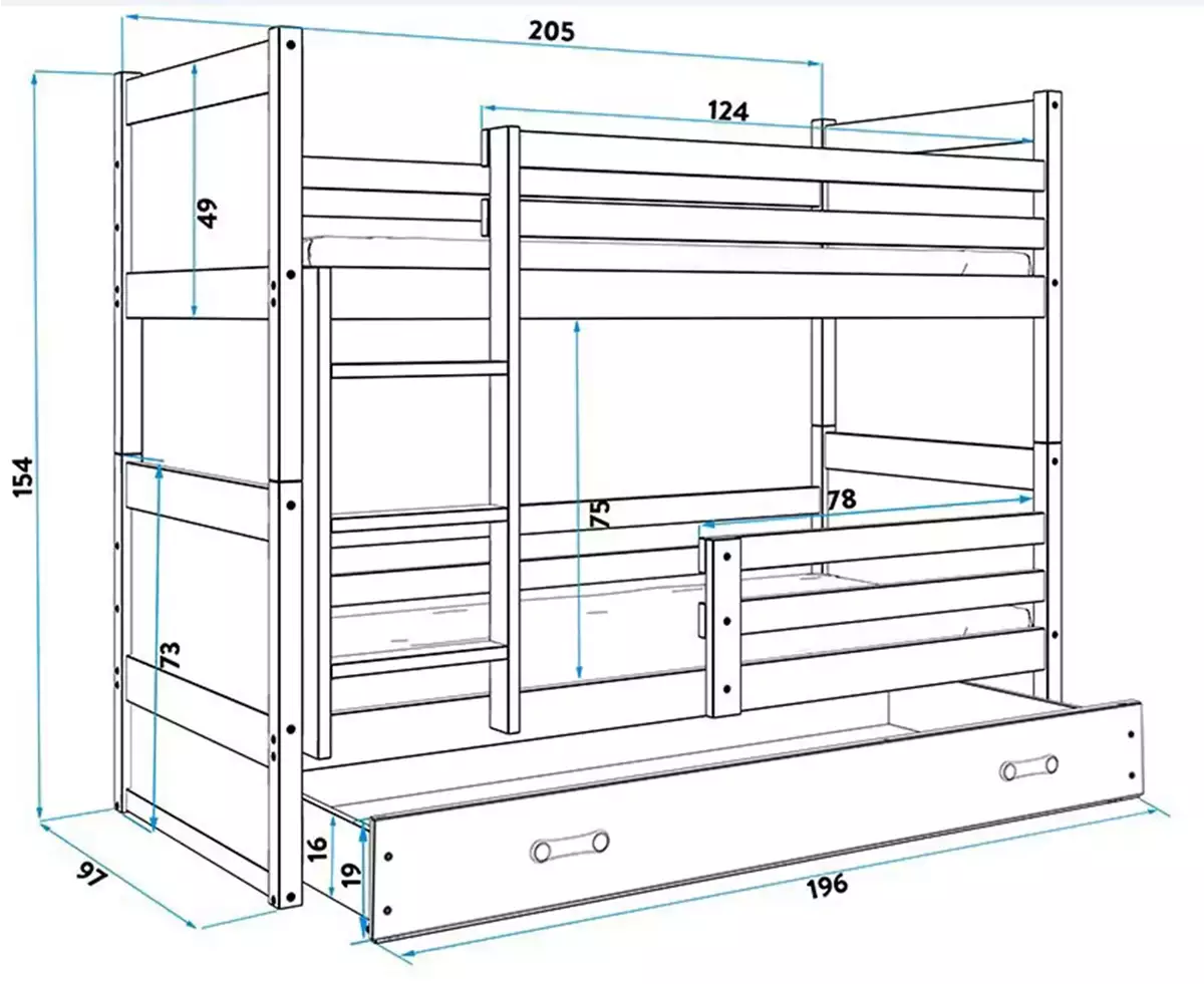 Dimensiuni și specificații pentru patul de tineret RICO 90x200 cu saltea și sertar, grafit/albastru Dimensiuni și specificații pentru patul de tineret RICO 90x200 cu saltea și sertar, grafit/albastru