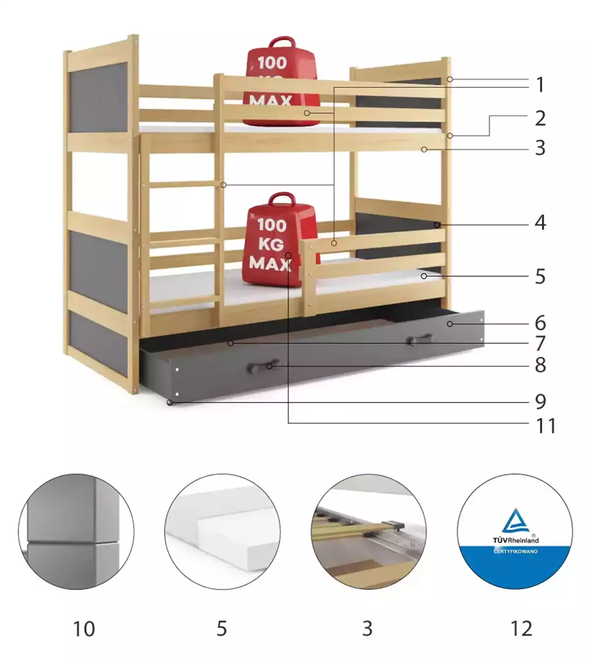 Componente pentru un pat de tineret Rico 90x200 cu saltea și sertar, pin/grafit Componente pentru un pat de tineret Rico 90x200 cu saltea și sertar, pin/grafit
