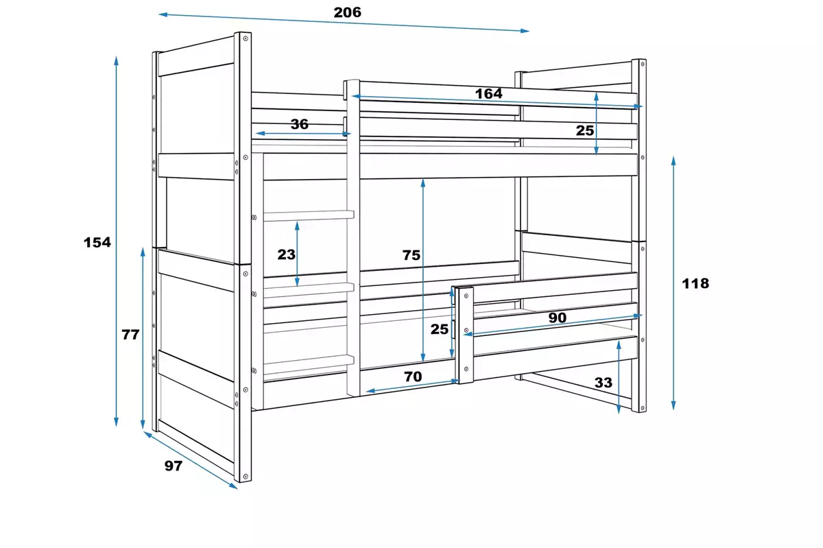 Dimensiuni și specificații pentru patul de tineret RICO 90x200 cu saltea, pin/albastru Dimensiuni și specificații pentru patul de tineret RICO 90x200 cu saltea, pin/albastru