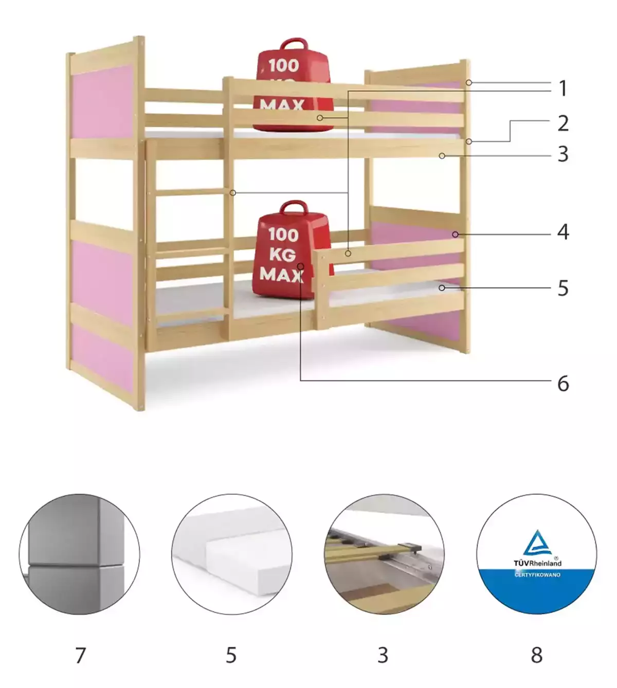 Componente pentru patul de tineret Rico 90x200 cu saltea, pin/roz Componente pentru patul de tineret Rico 90x200 cu saltea, pin/roz