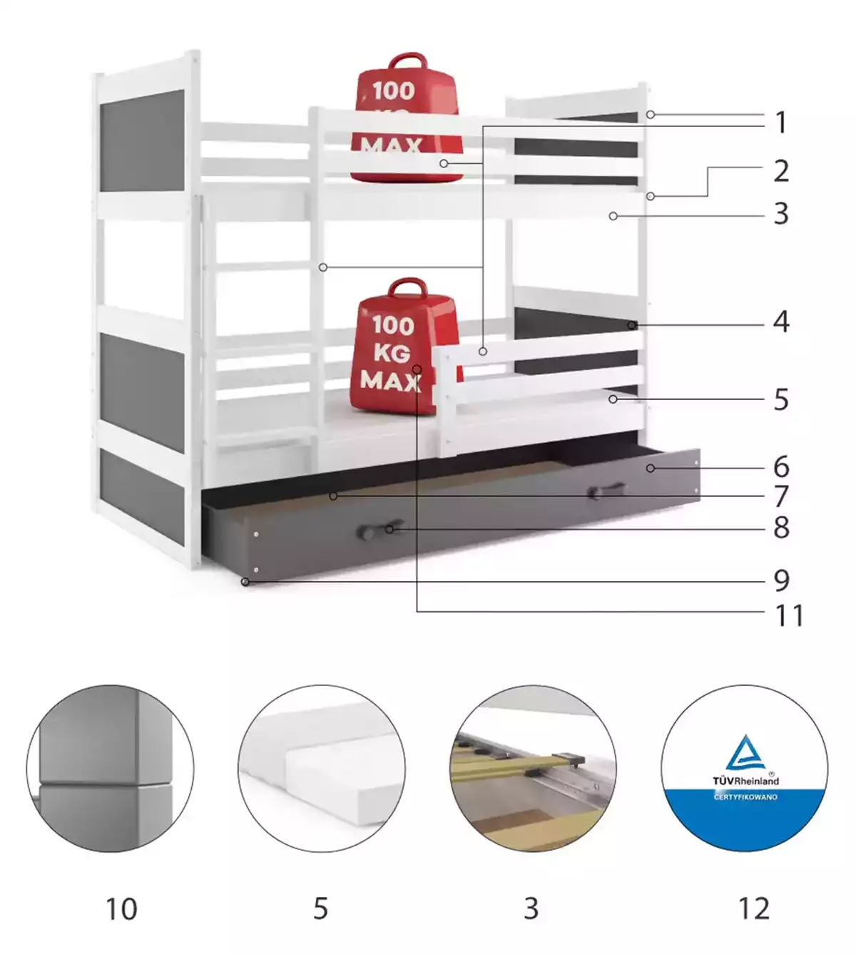 Componente pentru patul de tineret Rico 90x200 cu sertar, alb/grafit Componente pentru patul de tineret Rico 90x200 cu sertar, alb/grafit