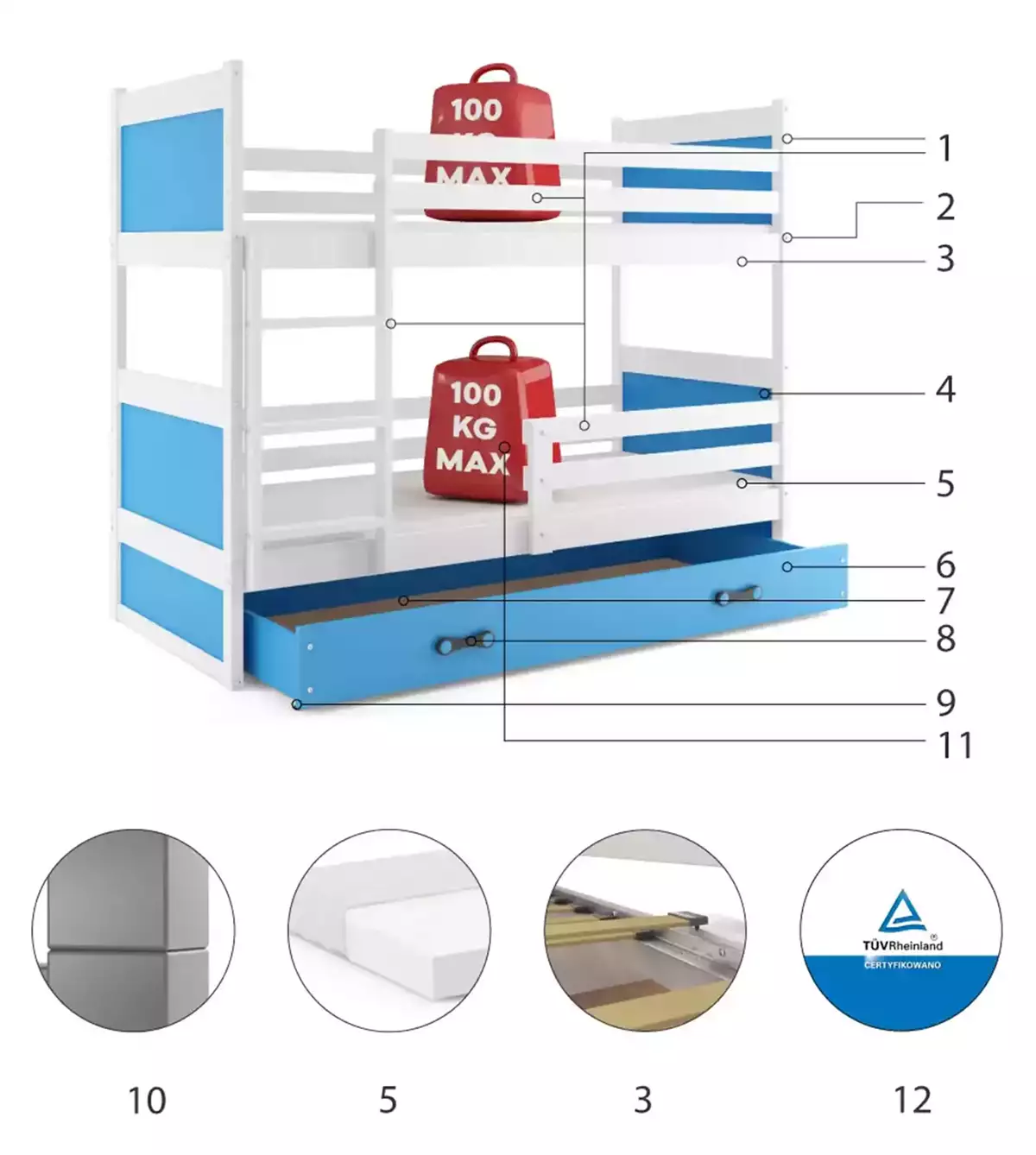 Componente pentru patul de tineret Rico 90x200 cu sertar, alb/albastru Componente pentru patul de tineret Rico 90x200 cu sertar, alb/albastru