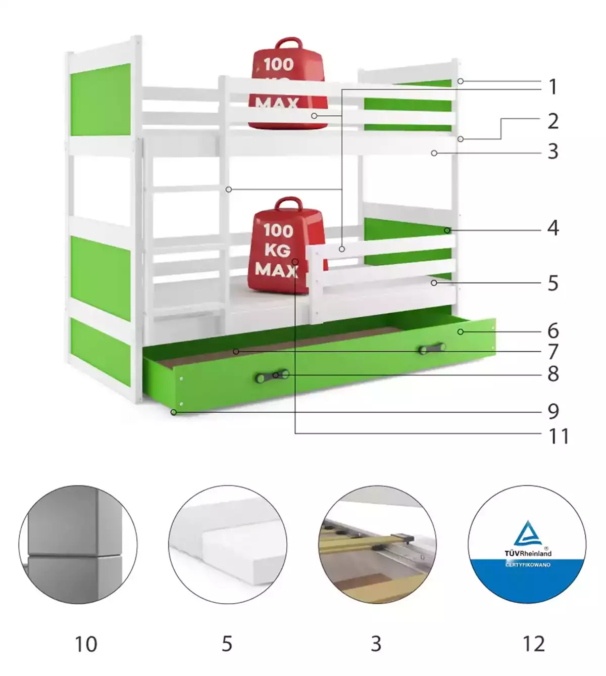 Componente pentru patul de tineret Rico 90x200 cu sertar, alb/verde Componente pentru patul de tineret Rico 90x200 cu sertar, alb/verde