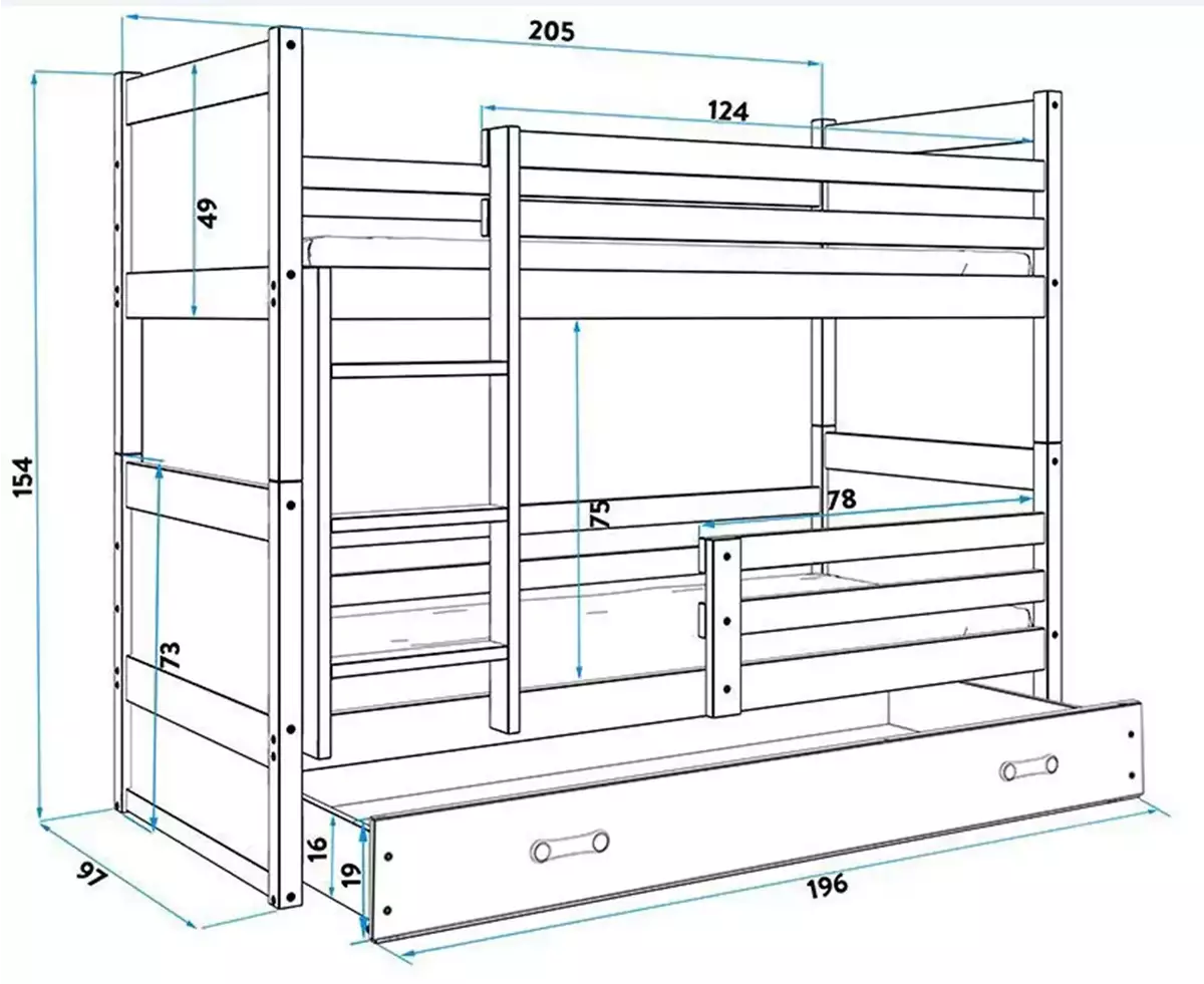 Dimensiuni și specificații pentru patul de tineret RICO 90x200 cu sertar, alb/verde Dimensiuni și specificații pentru patul de tineret RICO 90x200 cu sertar, alb/verde