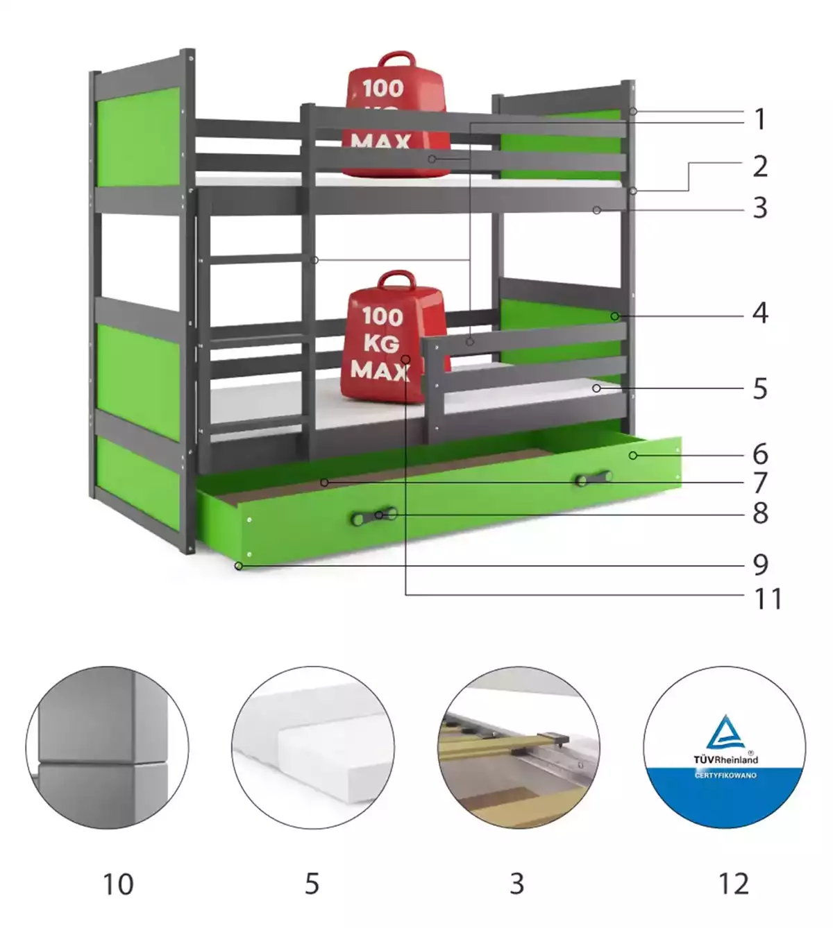 Componente pentru un pat de tineret Rico 90x200 cu sertar, grafit/verde Componente pentru un pat de tineret Rico 90x200 cu sertar, grafit/verde