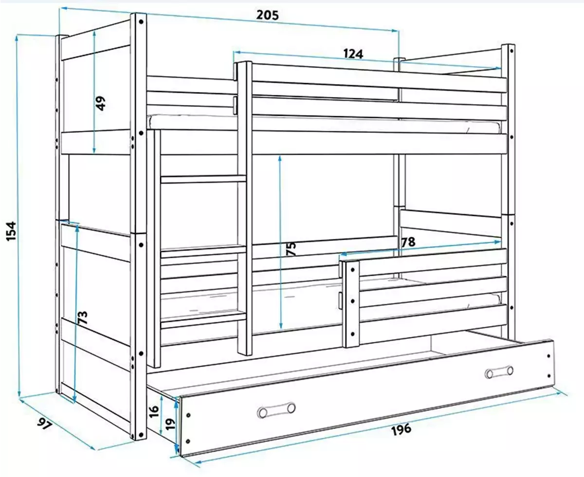 Dimensiuni și specificații pentru patul de tineret RICO 90x200 cu un sertar, pin/alb Dimensiuni și specificații pentru patul de tineret RICO 90x200 cu un sertar, pin/alb