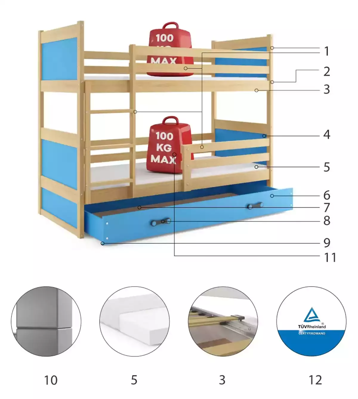 Componente pentru patul de tineret Rico 90x200 cu sertar, pin/albastru Componente pentru patul de tineret Rico 90x200 cu sertar, pin/albastru