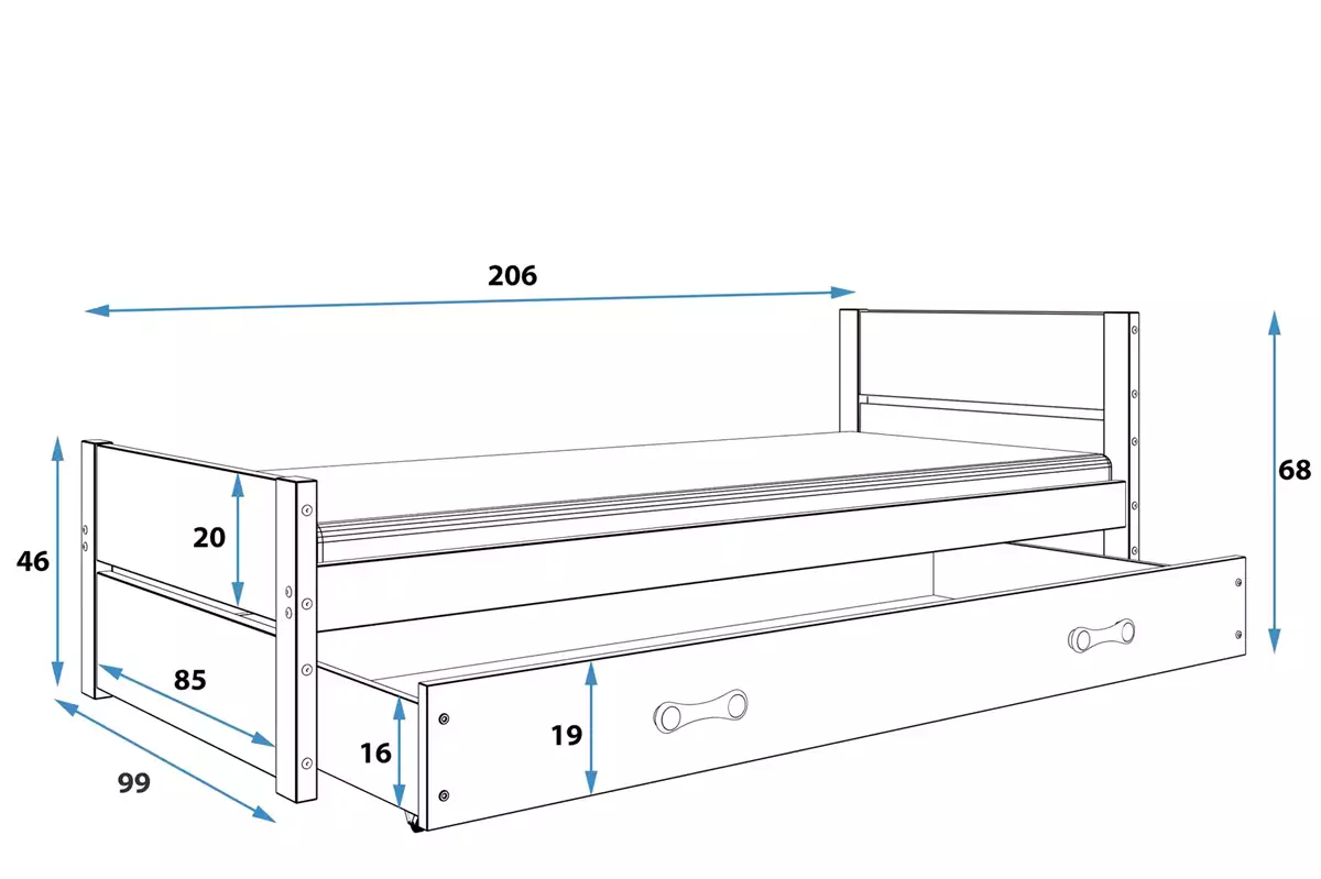 Dimensiuni și specificații pentru patul de tineret unic bartek 90x200 cu sertar, alb Dimensiuni și specificații pentru patul de tineret unic bartek 90x200 cu sertar, alb