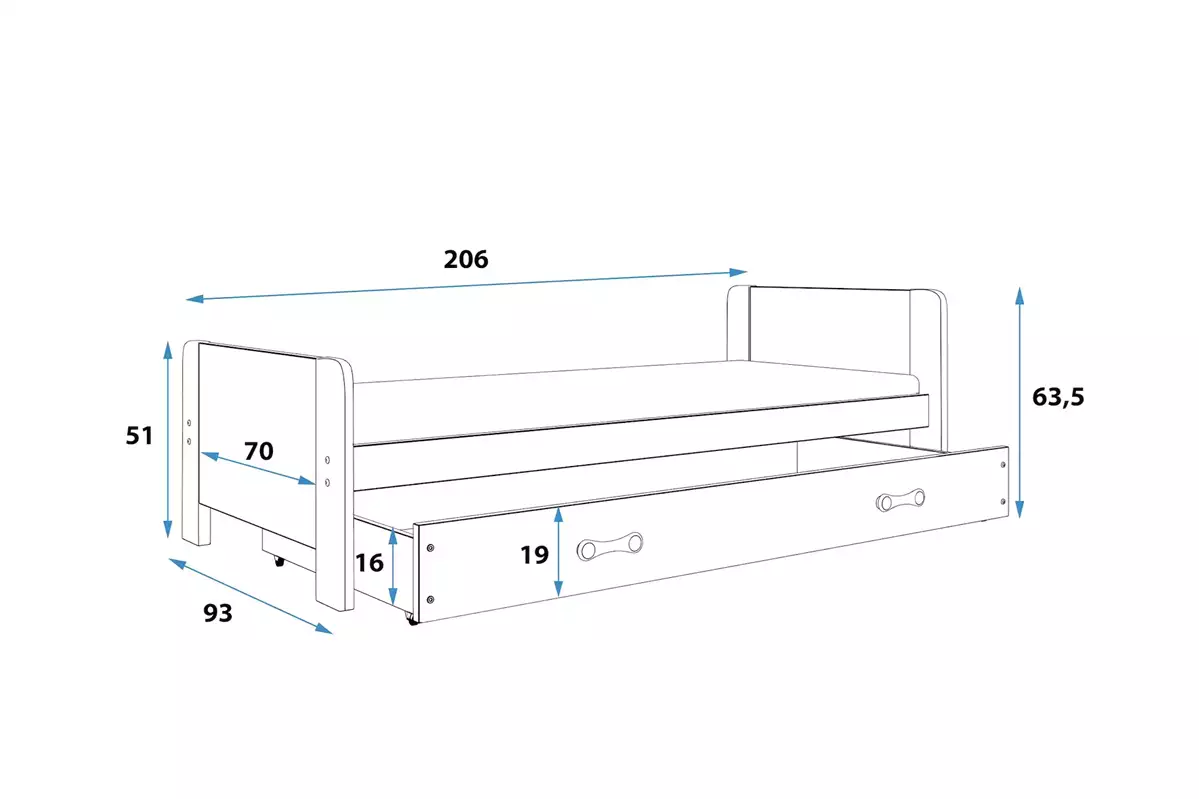Dimensiuni și specificații pentru patul de tineret Darek 80x200 cu saltea și sertar, grafit Dimensiuni și specificații pentru patul de tineret Darek 80x200 cu saltea și sertar, grafit