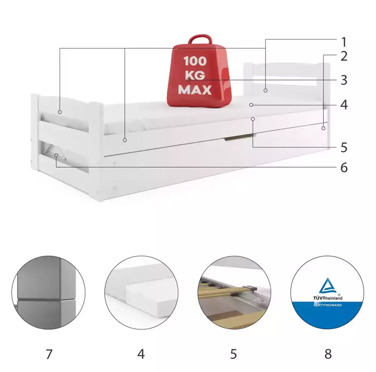 Componente pentru patul de tineret Single Erni 90x200 cu saltea și recipient, alb Componente pentru patul de tineret Single Erni 90x200 cu saltea și recipient, alb