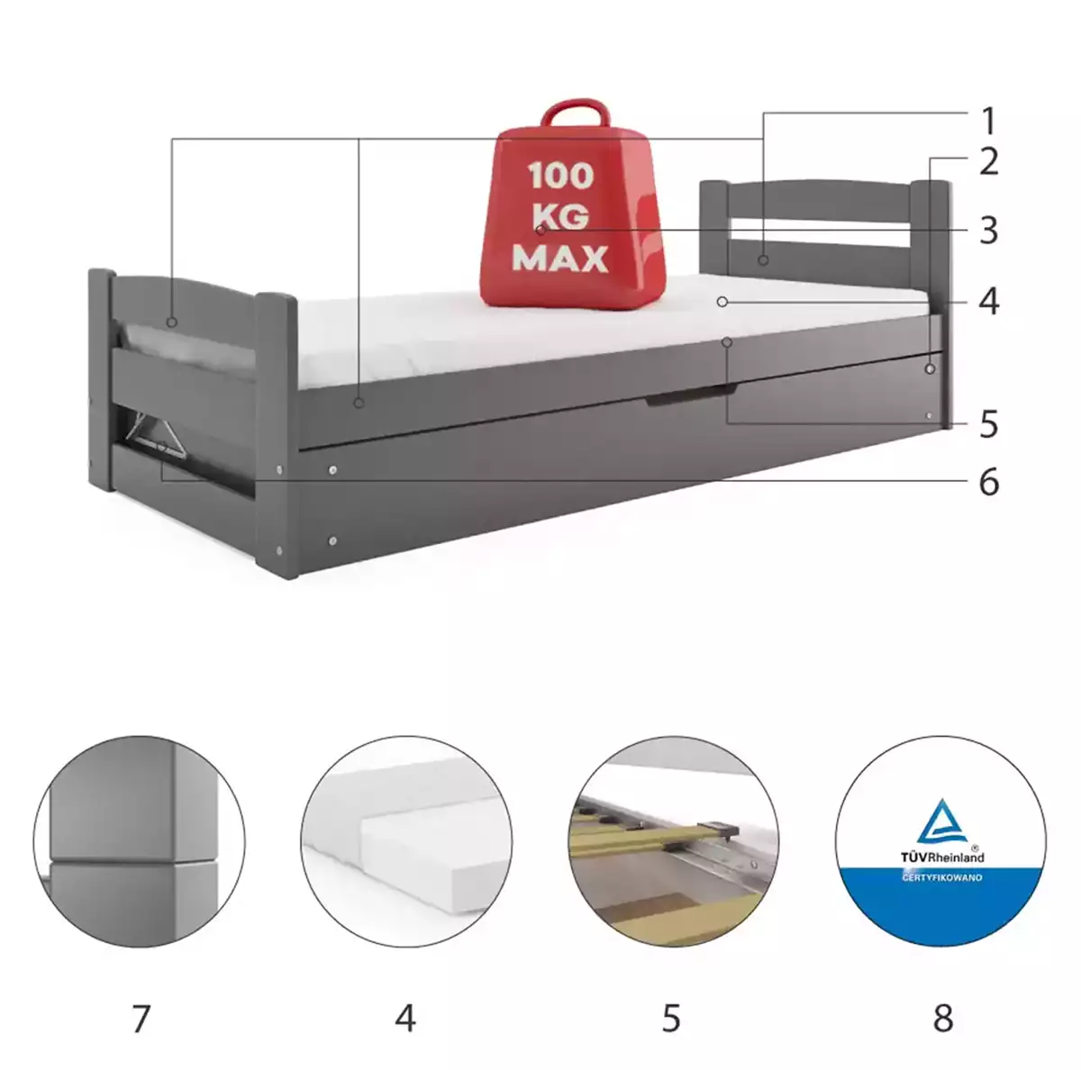 Componente pentru patul de tineret single erni 90x200 cu saltea și container, grafit Componente pentru patul de tineret single erni 90x200 cu saltea și container, grafit