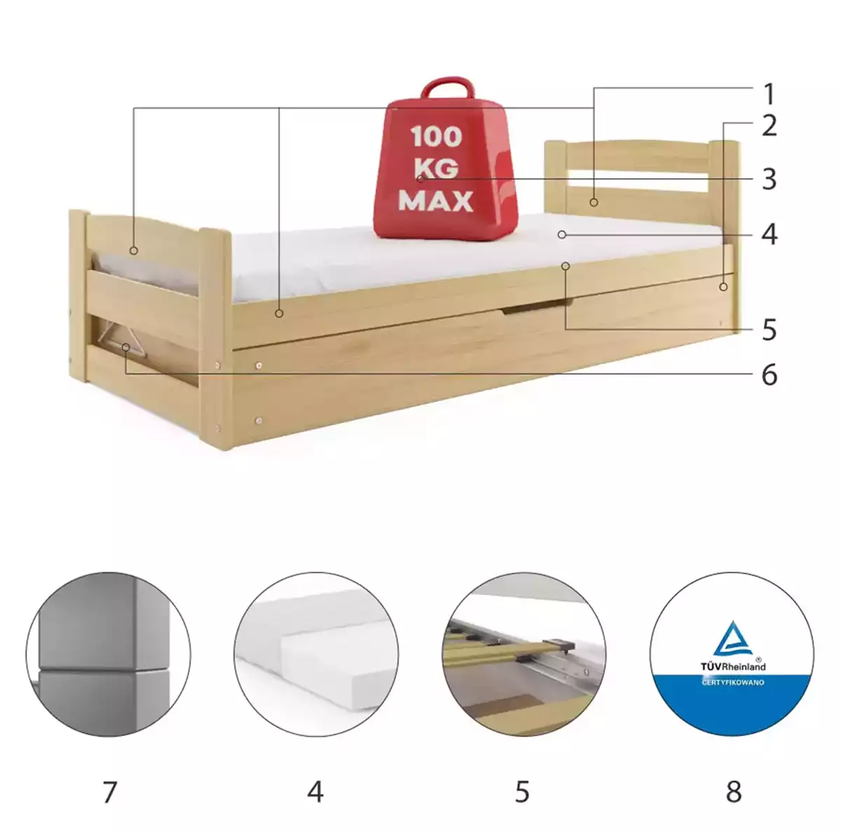 Componente pentru patul de tineret Single Erni 90x200 cu saltea și container, pin Componente pentru patul de tineret Single Erni 90x200 cu saltea și container, pin