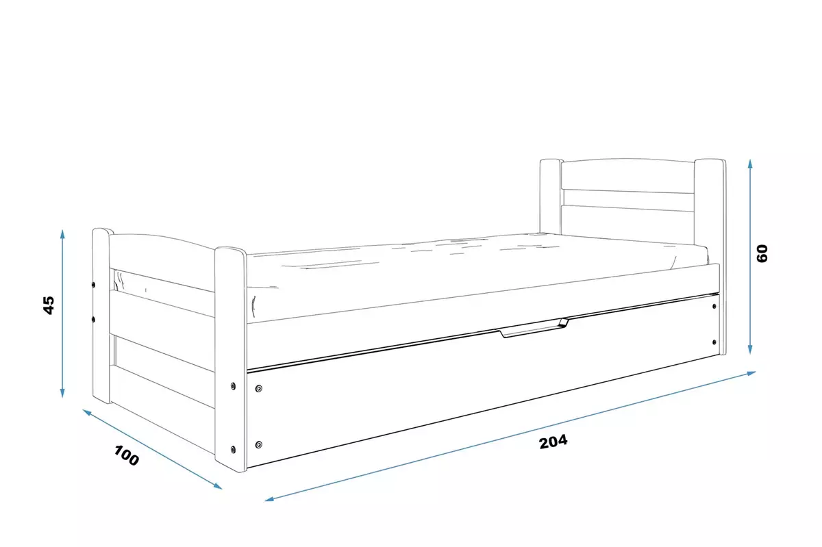 Dimensiuni și specificații pentru patul de tineret unic erni 90x200 cu container, grafit Dimensiuni și specificații pentru patul de tineret unic erni 90x200 cu container, grafit