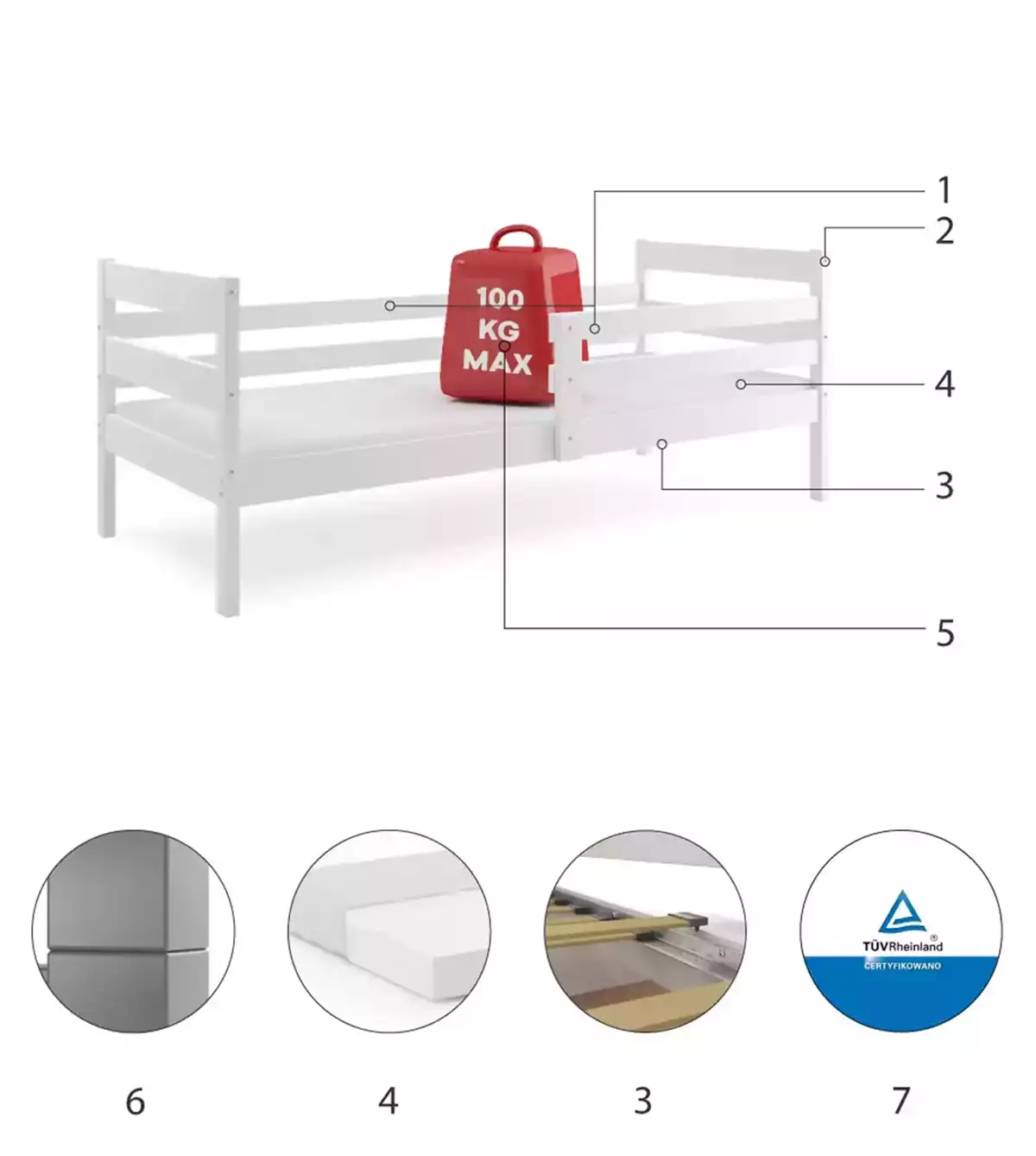 Componente pentru patul de tineret single Eric 80x190, alb