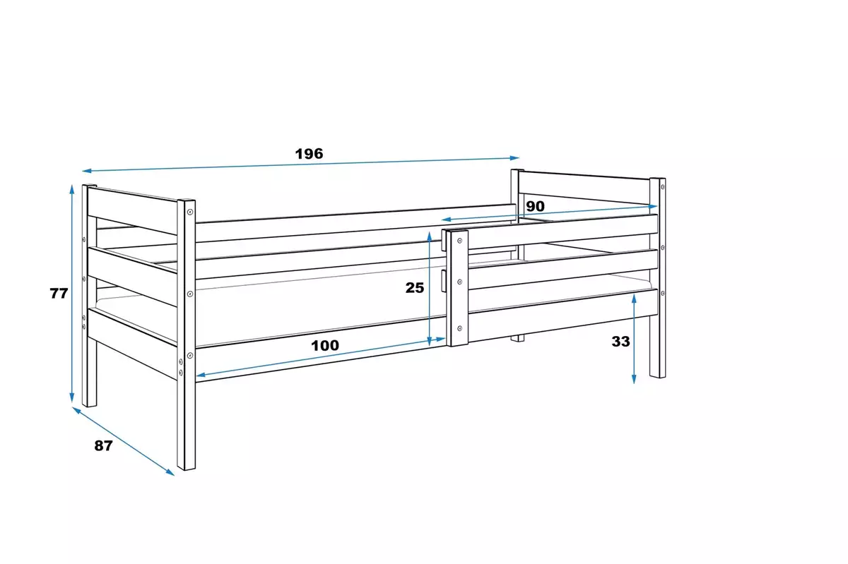 Dimensiuni și specificații pentru patul de tineret single Eric 80x190, alb