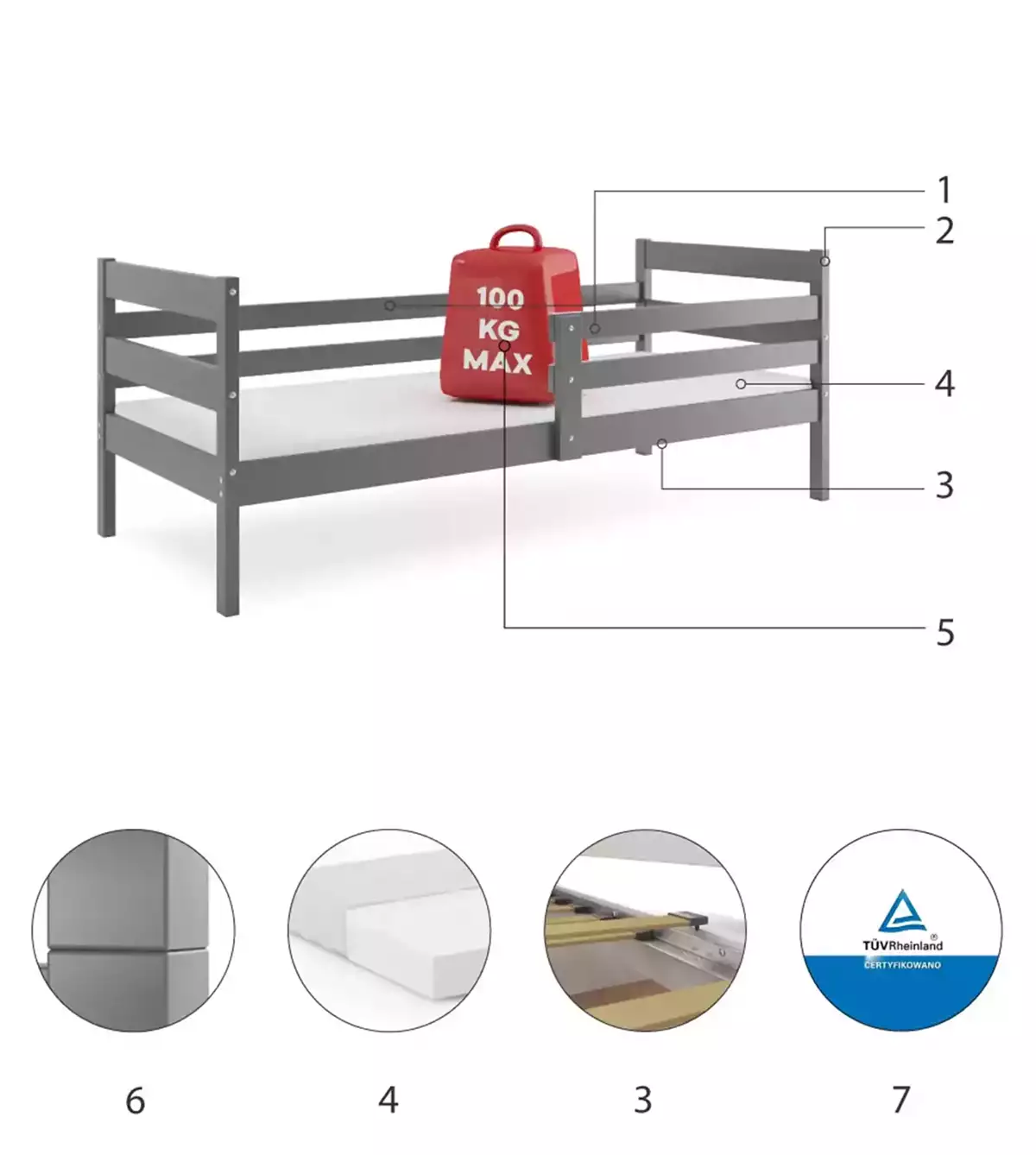 Componente pentru patul de tineret single Eric 80x190 cu saltea, grafit