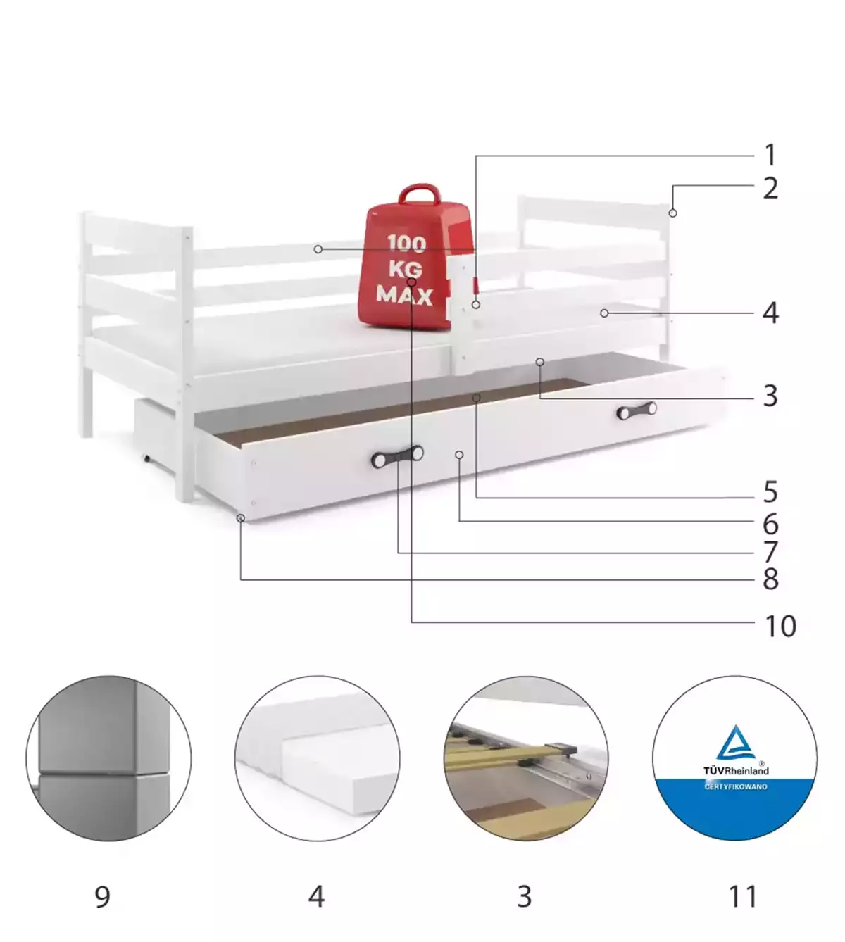 Componente pentru patul de tineret single eric 80x190 cu saltea și sertar, alb Componente pentru patul de tineret single eric 80x190 cu saltea și sertar, alb