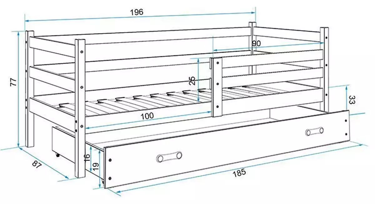 Dimensiuni și specificații pentru patul de tineret single Eric 80x190 cu saltea și sertar, grafit/verde