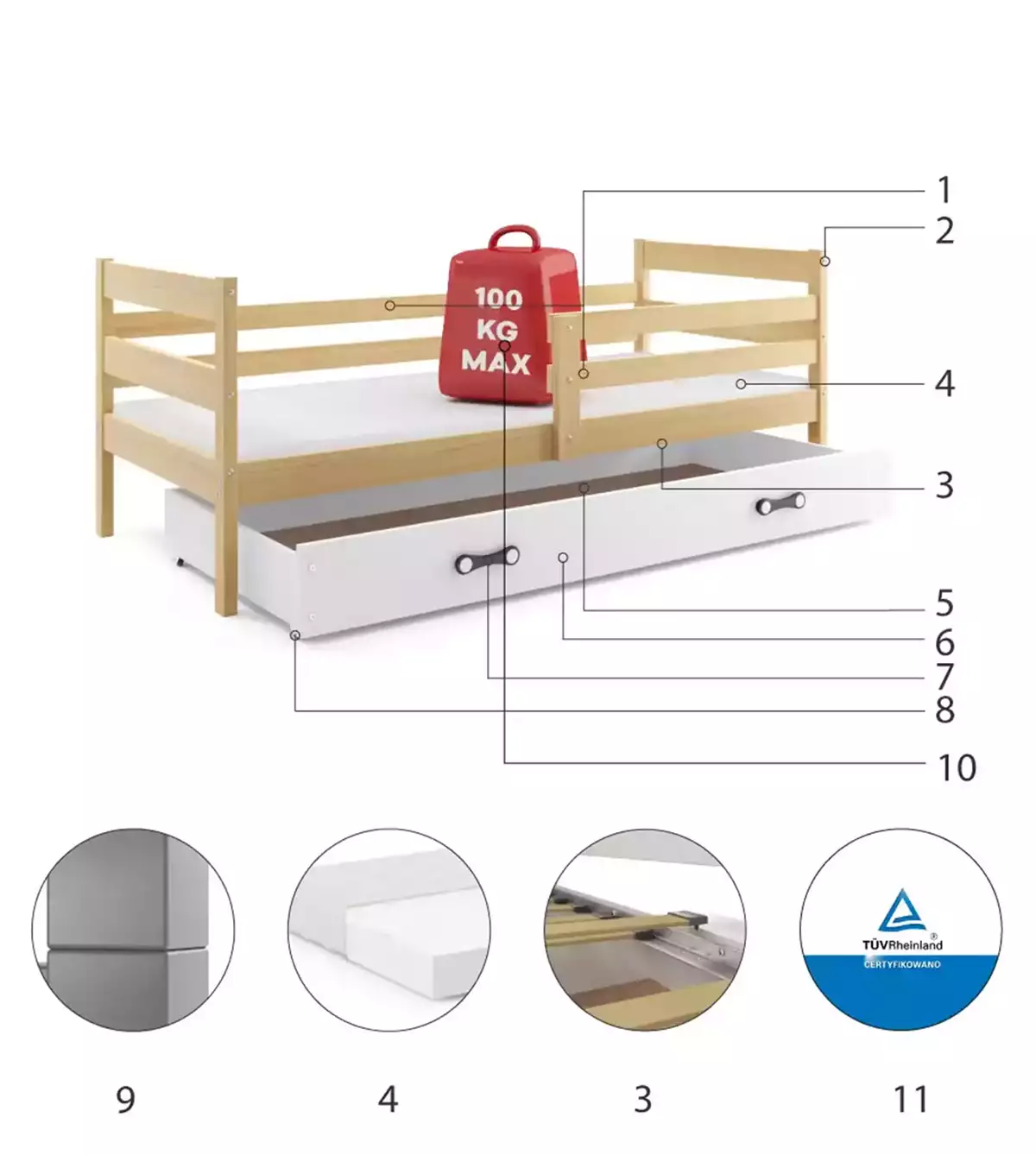 Componente pentru patul de tineret single Eric 80x190 cu saltea și sertar, pin/alb Componente pentru patul de tineret single Eric 80x190 cu saltea și sertar, pin/alb
