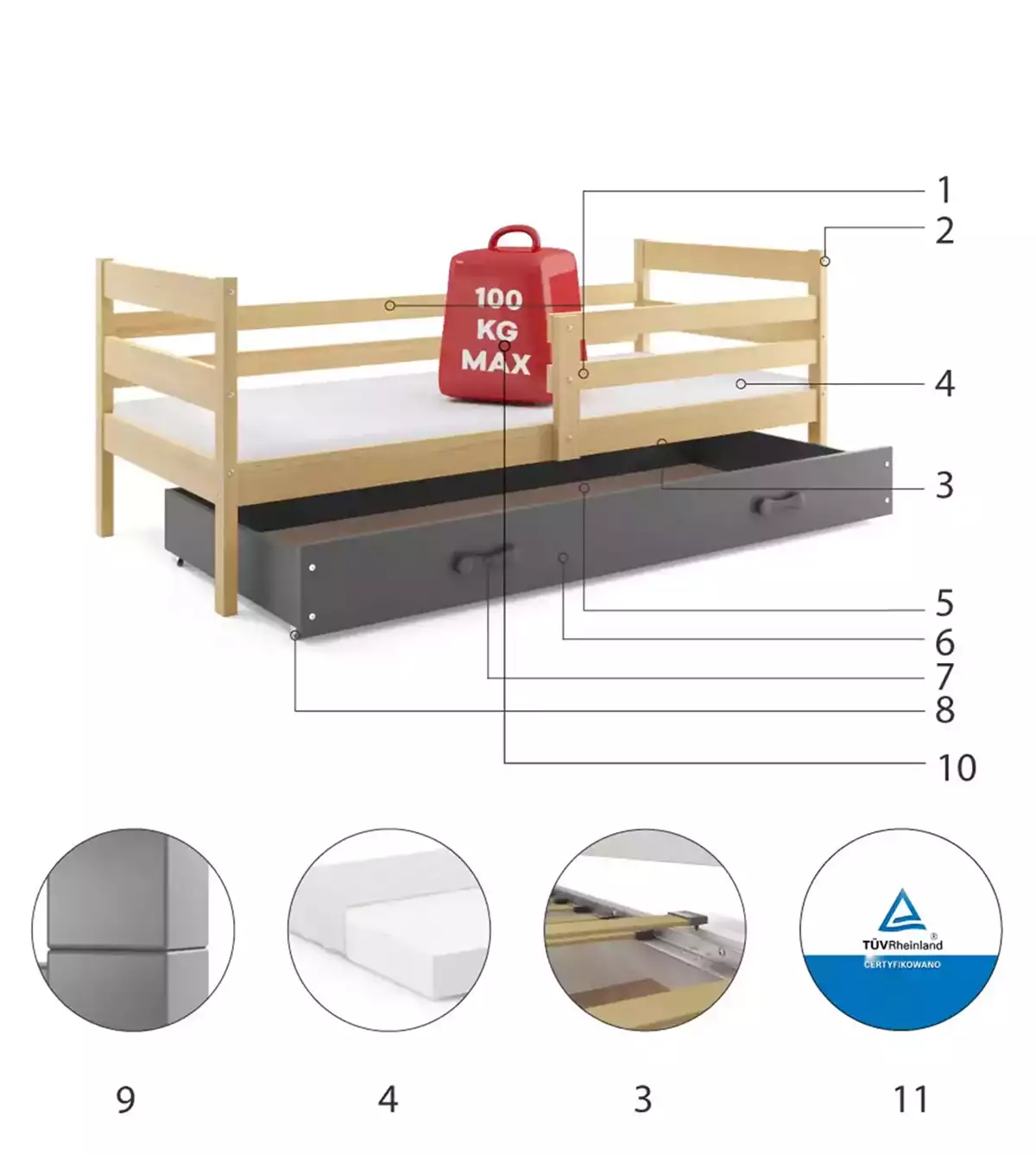 Componente pentru patul de tineret single Eric 80x190 cu saltea și sertar, pin/grafit