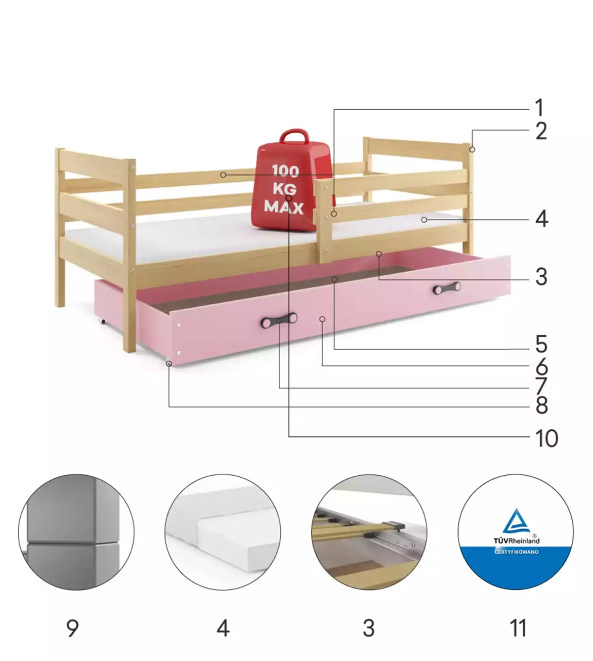 Componente pentru patul de tineret single eric 80x190 cu saltea și sertar, pin/roz Componente pentru patul de tineret single eric 80x190 cu saltea și sertar, pin/roz