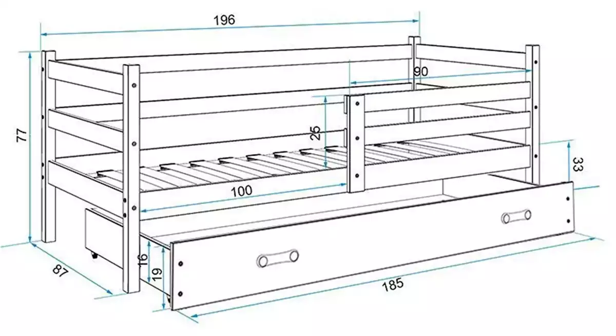 Dimensiuni și specificații pentru patul de tineret single Eric 80x190 cu saltea, pin Dimensiuni și specificații pentru patul de tineret single Eric 80x190 cu saltea, pin