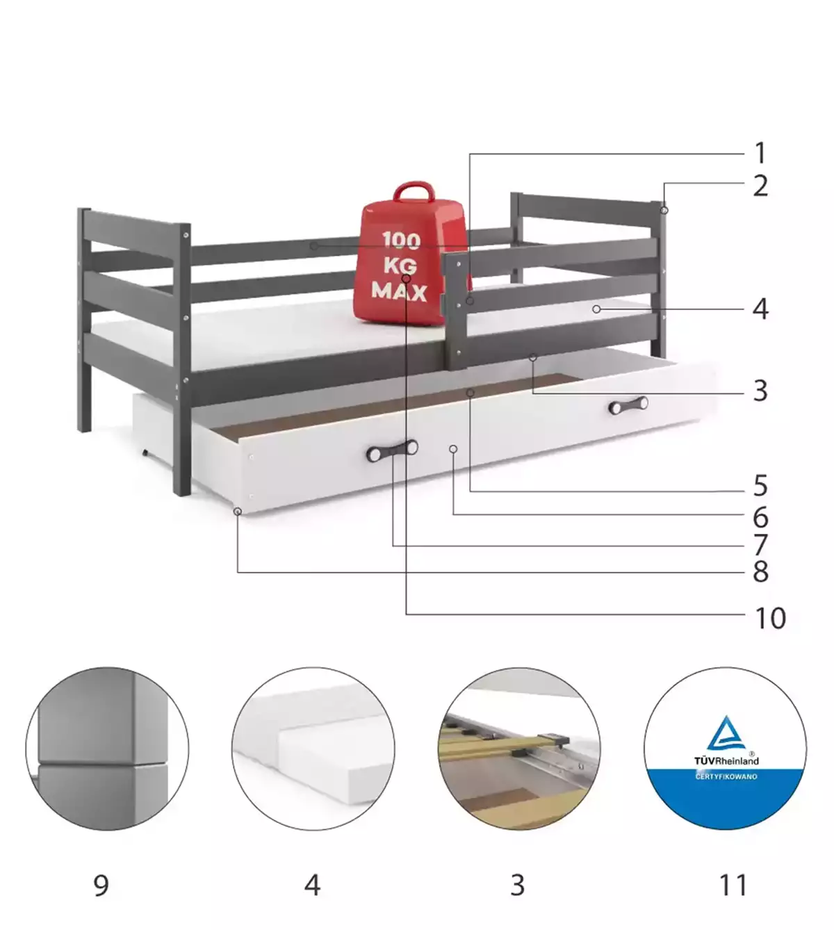 Componente pentru patul de tineret single Eric 80x190 cu sertar, grafit/alb Componente pentru patul de tineret single Eric 80x190 cu sertar, grafit/alb