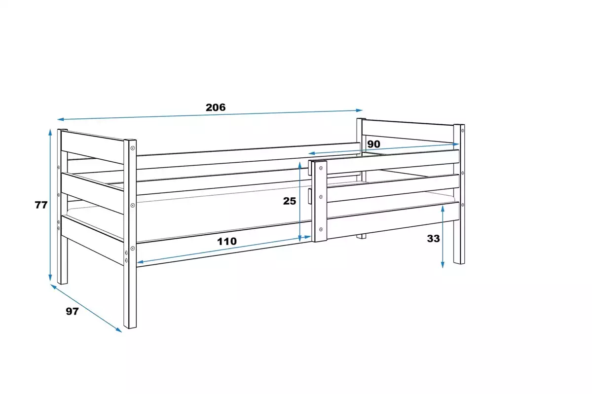 Dimensiuni și specificații pentru patul de tineret single Eric 90x200, grafit Dimensiuni și specificații pentru patul de tineret single Eric 90x200, grafit