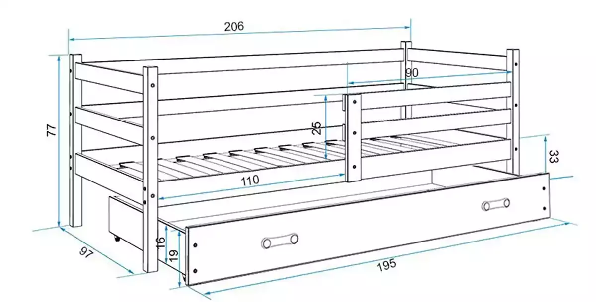 Dimensiuni și specificații pentru patul de tineret single Eric 90x200 cu saltea și sertar, alb/albastru Dimensiuni și specificații pentru patul de tineret single Eric 90x200 cu saltea și sertar, alb/albastru