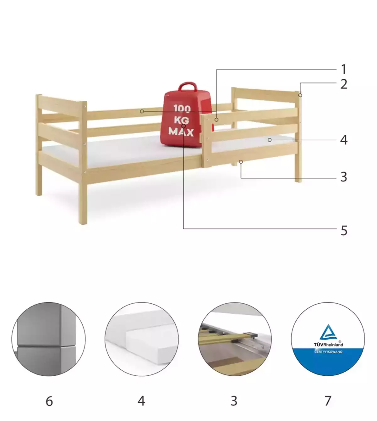 Componente pentru patul de tineret single Eric 90x200 cu saltea, pin Componente pentru patul de tineret single Eric 90x200 cu saltea, pin