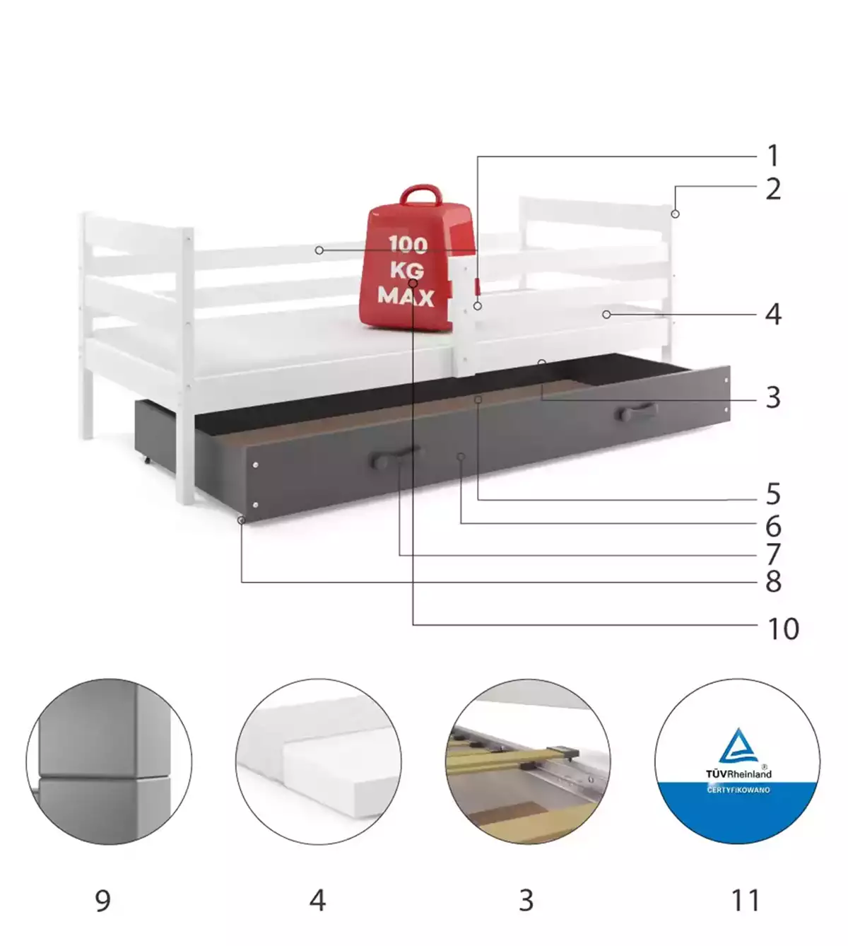 Componente pentru patul de tineret single Eric 90x200 cu sertar, alb/grafit Componente pentru patul de tineret single Eric 90x200 cu sertar, alb/grafit