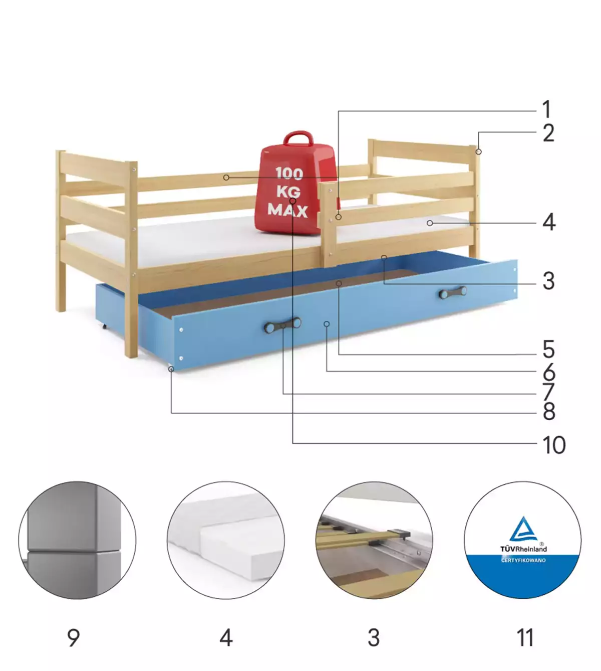 Componente pentru patul de tineret single Eric 90x200 cu sertar, pin/albastru