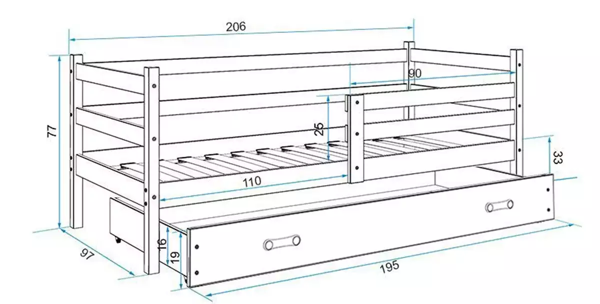 Dimensiuni și specificații pentru patul de tineret single Eric 90x200 cu sertar, pin/albastru
