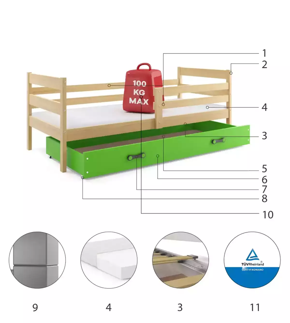Componente pentru patul de tineret single Eric 90x200 cu sertar, pin/verde Componente pentru patul de tineret single Eric 90x200 cu sertar, pin/verde