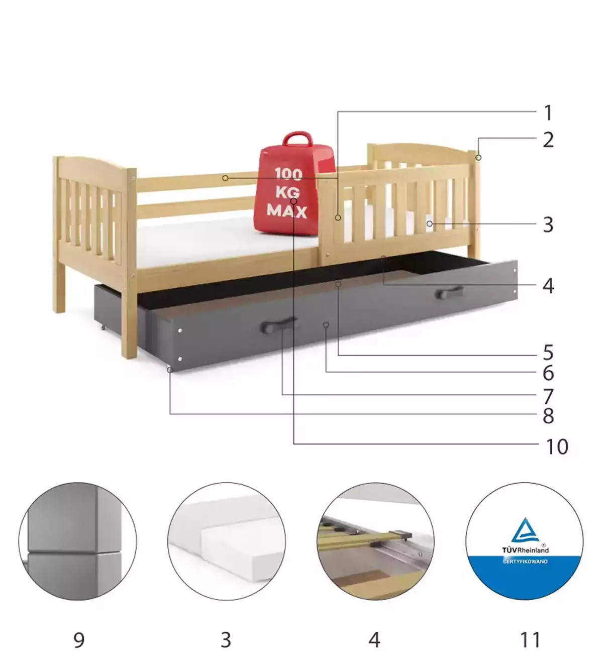 Componente pentru patul de tineret single Winnie 80x190 cu saltea și sertar, pin/grafit Componente pentru patul de tineret single Winnie 80x190 cu saltea și sertar, pin/grafit