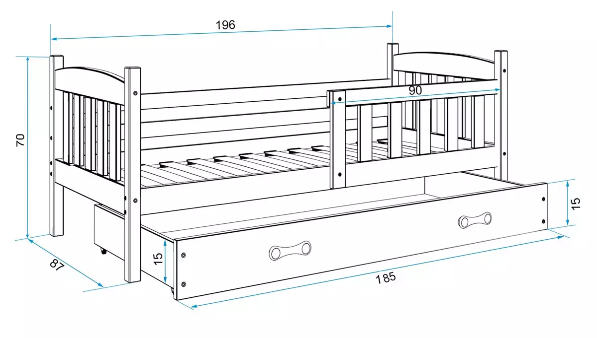 Dimensiuni și specificații pentru patul de tineret single Winnie 80x190 cu saltea și sertar, pin/grafit Dimensiuni și specificații pentru patul de tineret single Winnie 80x190 cu saltea și sertar, pin/grafit