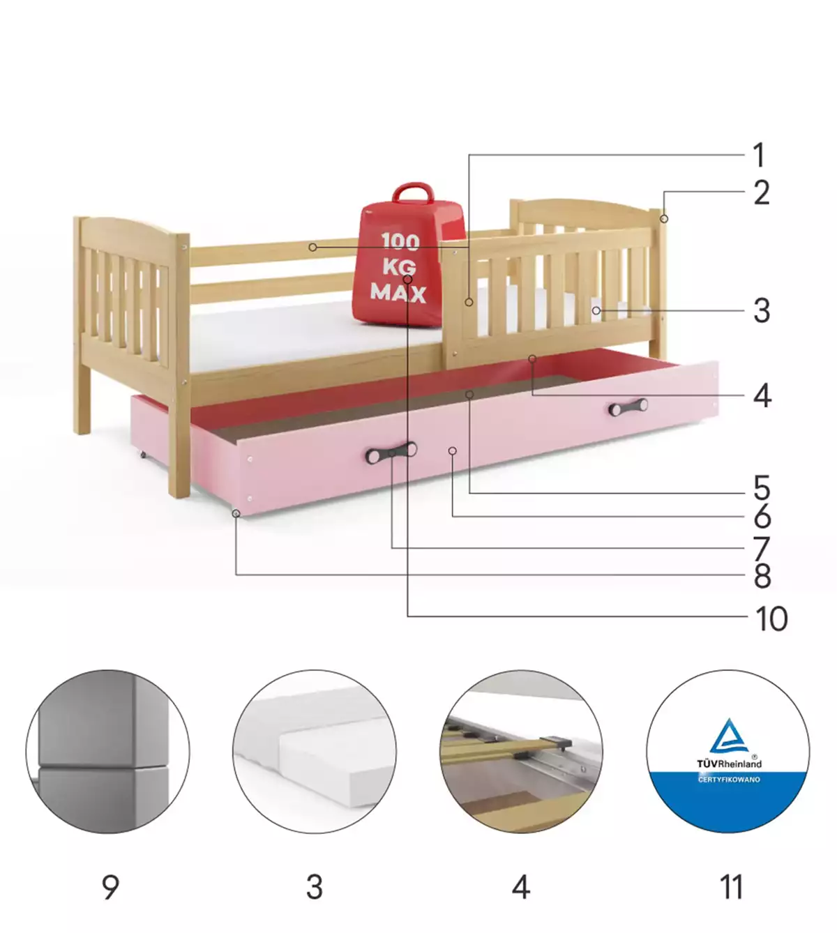 Componente pentru patul de tineret single Winnie 80x190 cu saltea și sertar, pin/roz Componente pentru patul de tineret single Winnie 80x190 cu saltea și sertar, pin/roz