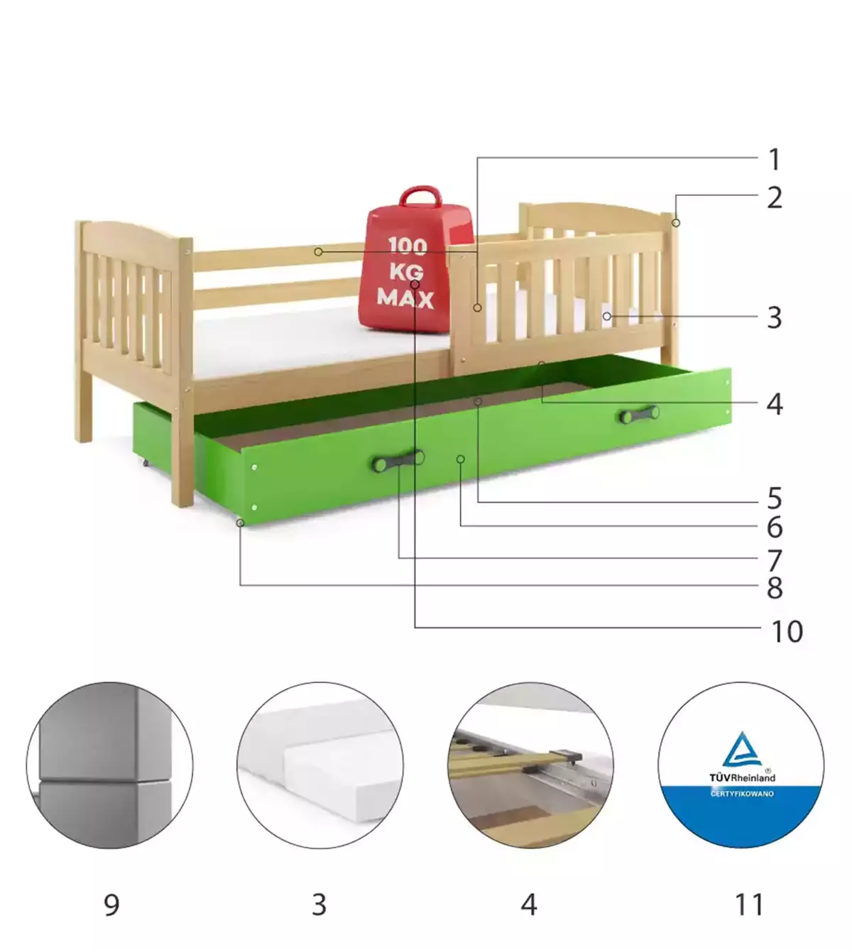 Componente pentru patul de tineret single Winnie 80x190 cu saltea și sertar, pin/verde Componente pentru patul de tineret single Winnie 80x190 cu saltea și sertar, pin/verde