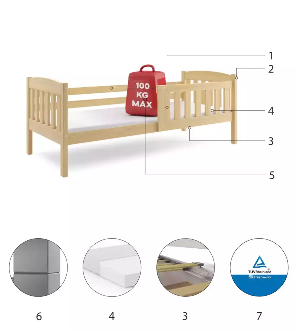 Componente pentru patul de tineret single Winnie 80x190 cu saltea, pin Componente pentru patul de tineret single Winnie 80x190 cu saltea, pin