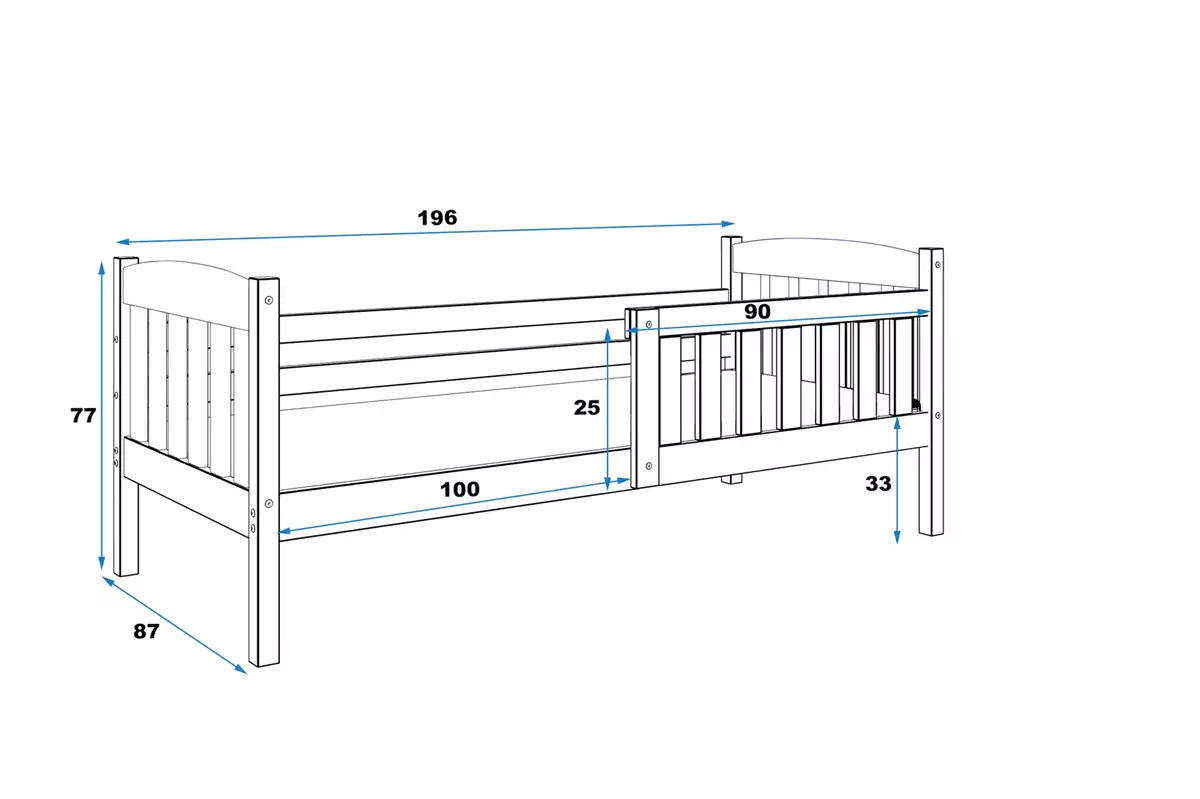 Dimensiuni și specificații pentru patul de tineret single Winnie 80x190 cu saltea, pin Dimensiuni și specificații pentru patul de tineret single Winnie 80x190 cu saltea, pin