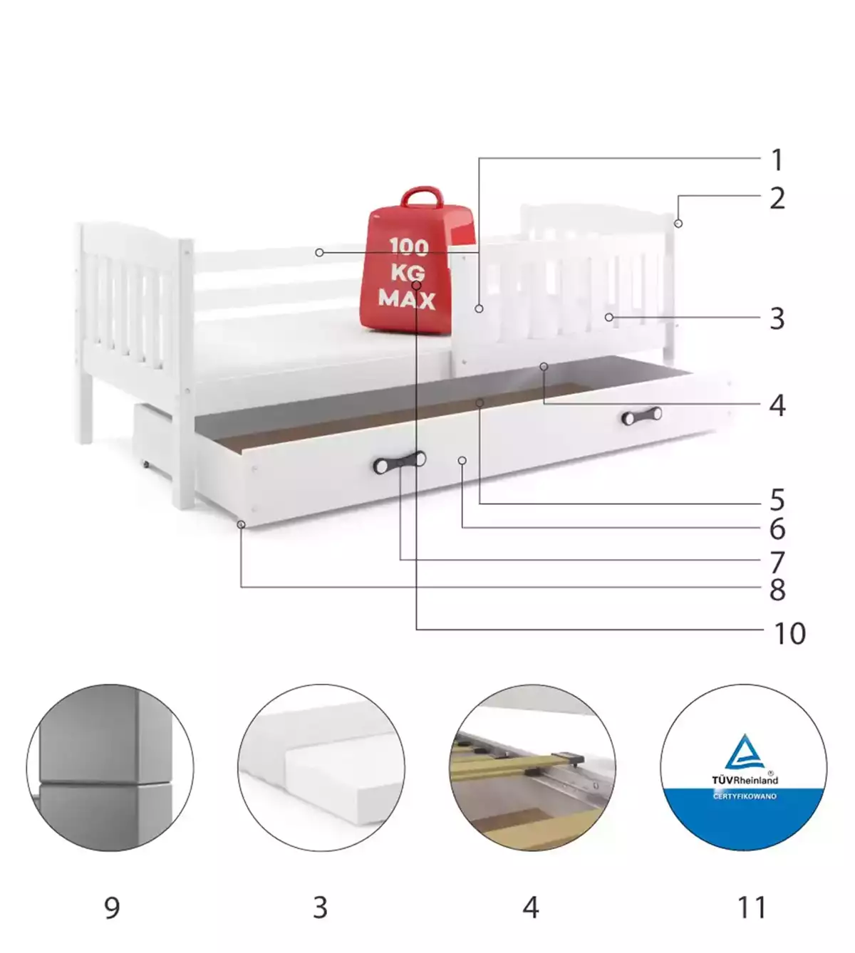 Componente pentru patul de tineret single Winnie 90x200 cu saltea și sertar, alb Componente pentru patul de tineret single Winnie 90x200 cu saltea și sertar, alb