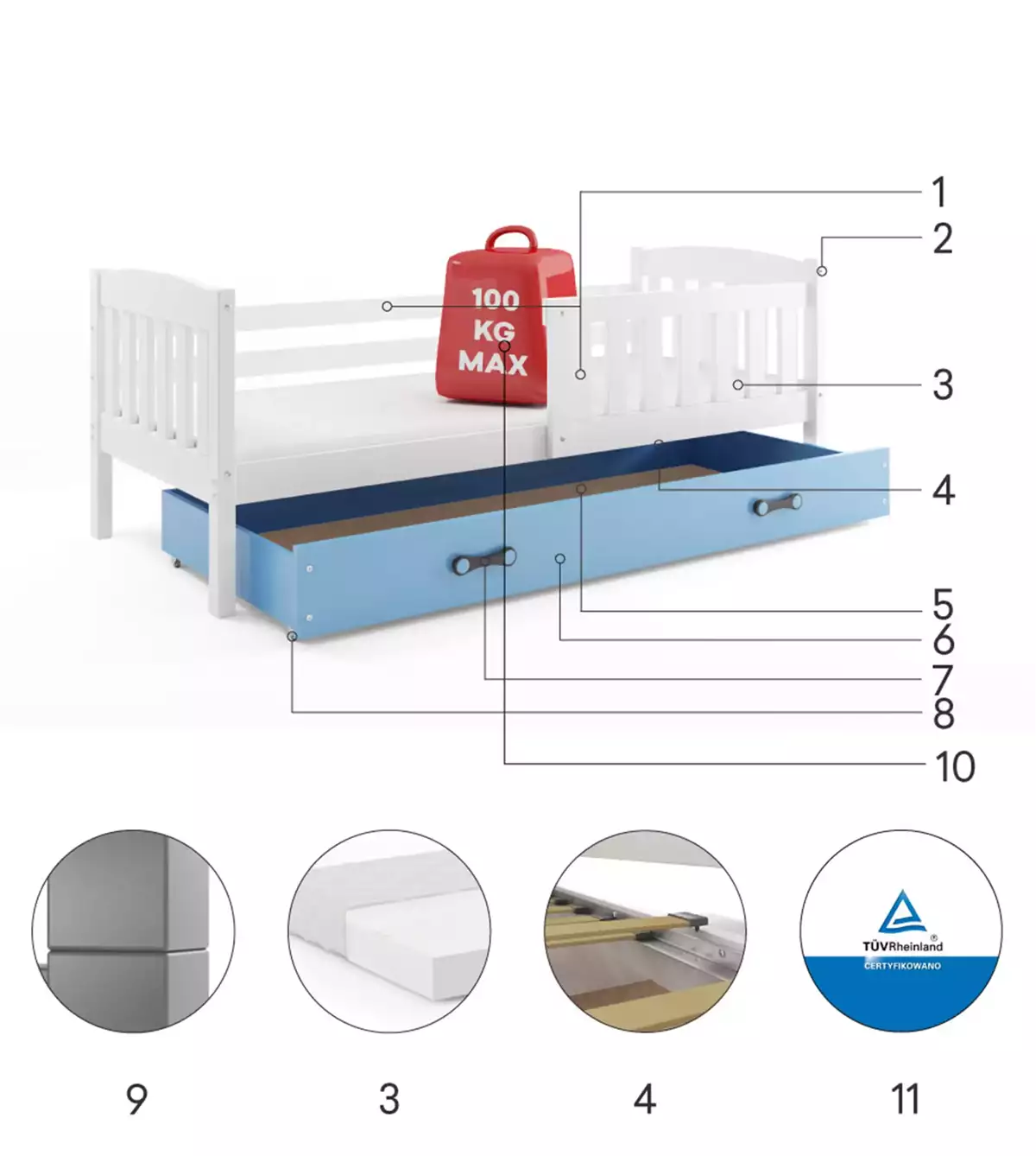 Componente pentru patul de tineret single Winnie 90x200 cu saltea și sertar, alb/albastru Componente pentru patul de tineret single Winnie 90x200 cu saltea și sertar, alb/albastru