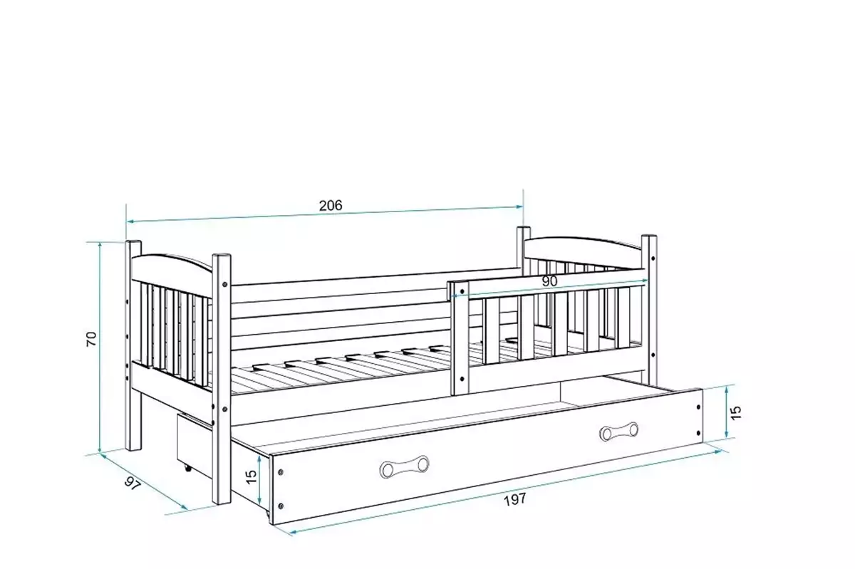 Dimensiuni și specificații pentru patul de tineret single Winnie 90x200 cu saltea și sertar, alb Dimensiuni și specificații pentru patul de tineret single Winnie 90x200 cu saltea și sertar, alb