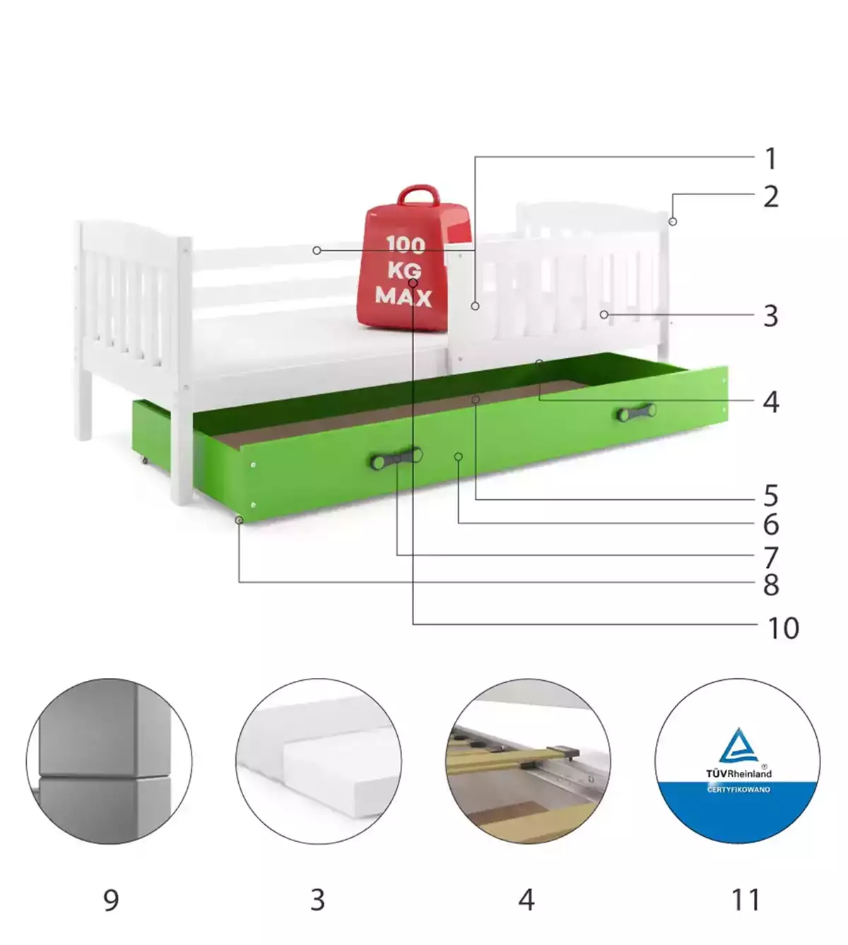 Componente pentru patul de tineret single Winnie 90x200 cu saltea și sertar, alb/verde Componente pentru patul de tineret single Winnie 90x200 cu saltea și sertar, alb/verde