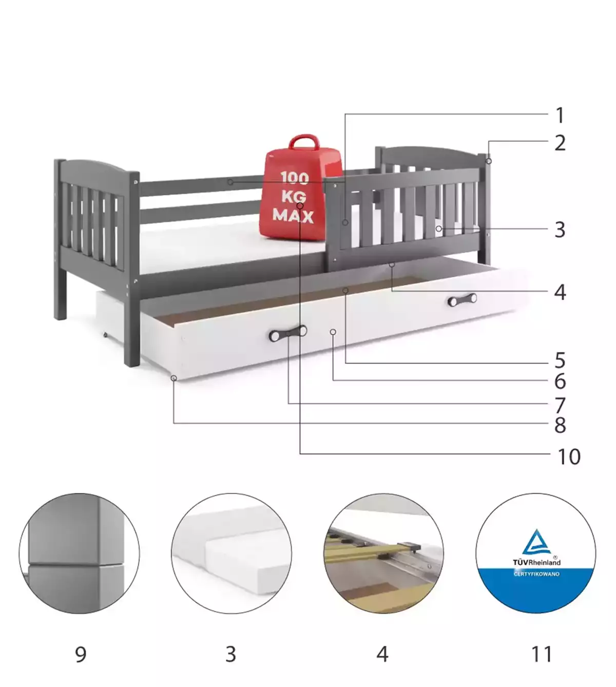 Componente pentru patul de tineret single Winnie 90x200 cu saltea și sertar, grafit/alb Componente pentru patul de tineret single Winnie 90x200 cu saltea și sertar, grafit/alb