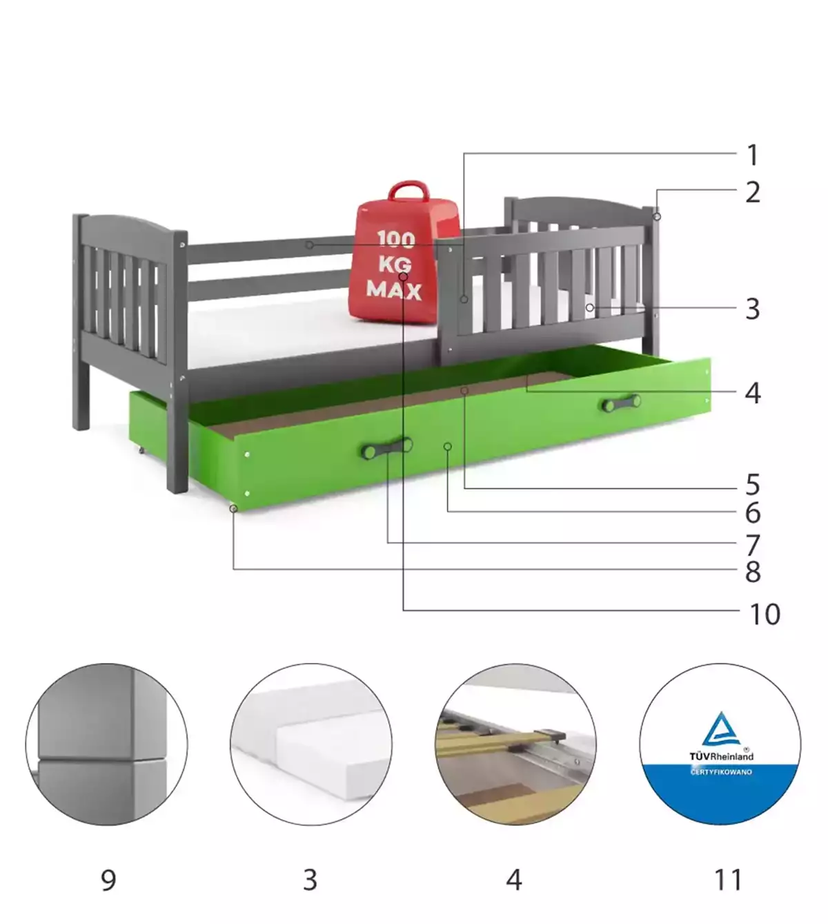 Componente pentru patul de tineret single Winnie 90x200 cu saltea și sertar, grafit/verde Componente pentru patul de tineret single Winnie 90x200 cu saltea și sertar, grafit/verde