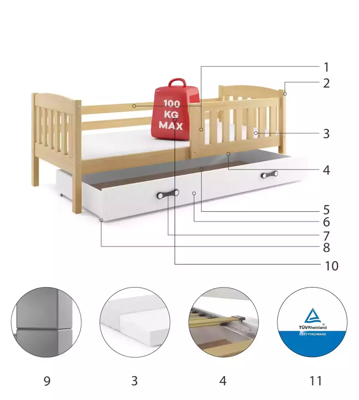 Componente pentru patul de tineret single Winnie 90x200 cu saltea și sertar, pin/alb Componente pentru patul de tineret single Winnie 90x200 cu saltea și sertar, pin/alb
