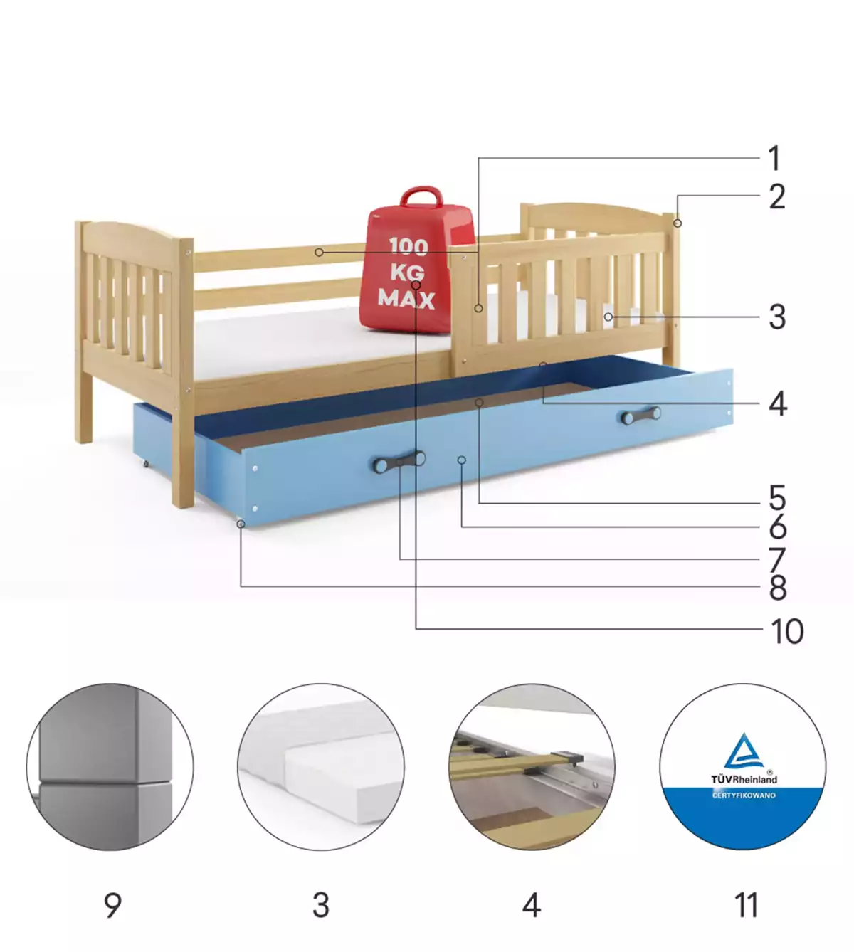 Componente pentru patul de tineret single Winnie 90x200 cu saltea și sertar, pin/albastru