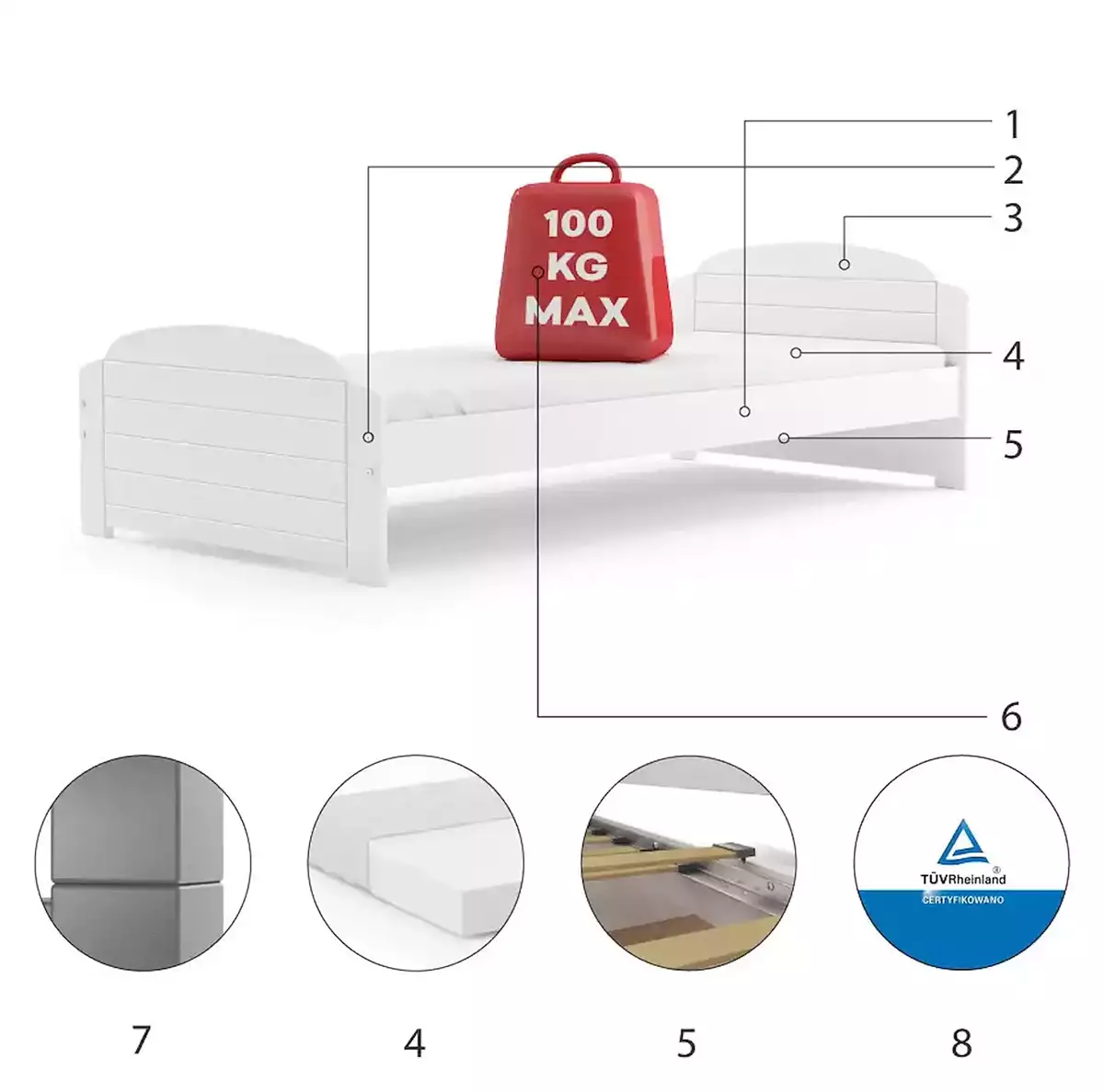 Componente pentru patul de tineret unic liliac 90x200, alb Componente pentru patul de tineret unic liliac 90x200, alb