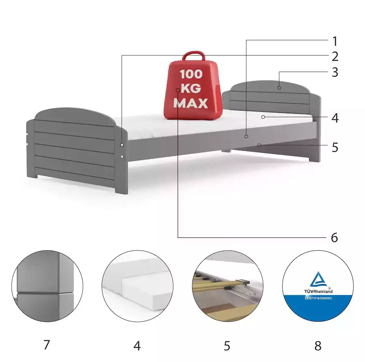 Componente pentru patul de tineret unic liliac 90x200, grafit Componente pentru patul de tineret unic liliac 90x200, grafit